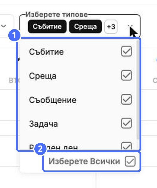 (1) Видовете елементи, (2) Избери всички
