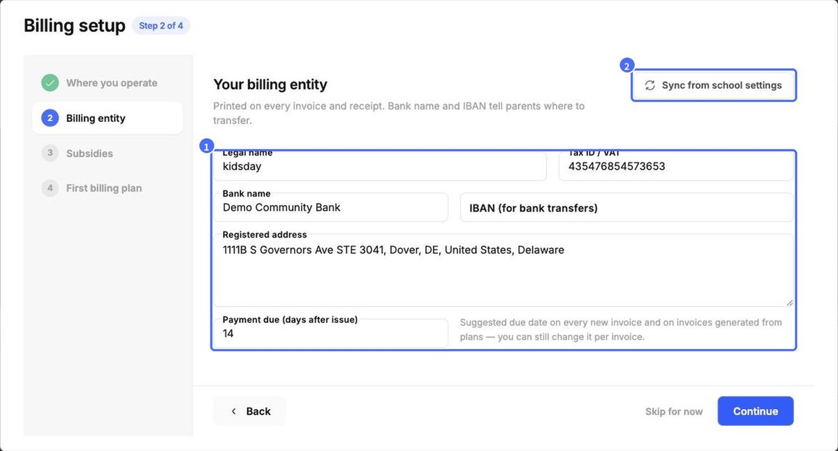 (1) Billing entity details, (2) Sync from school settings