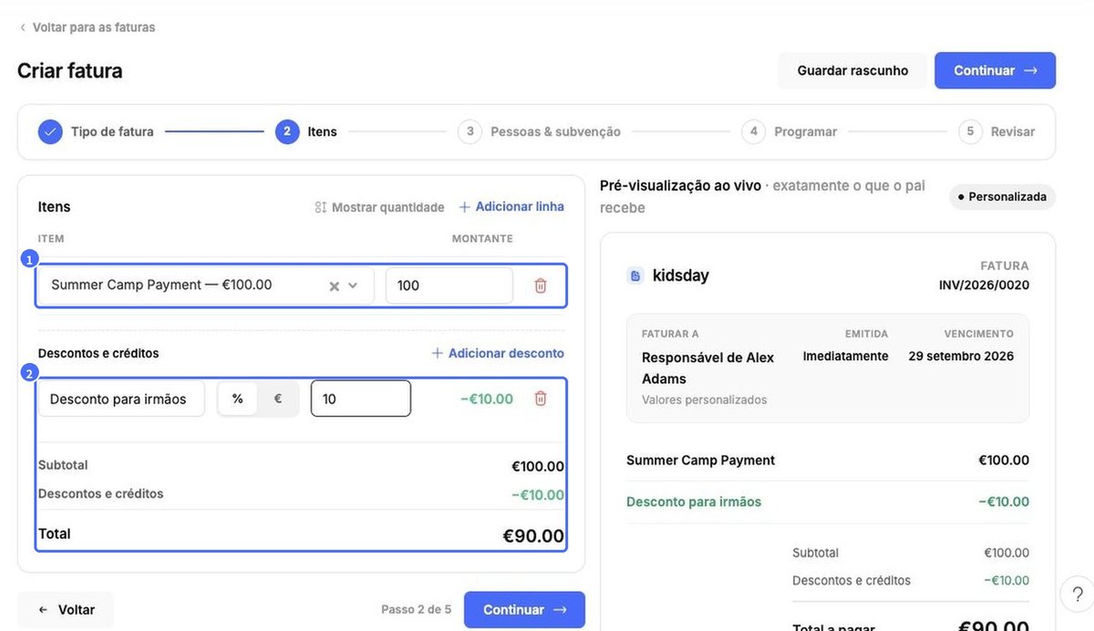 (1) Item de linha, (2) desconto de 10% para irmãos