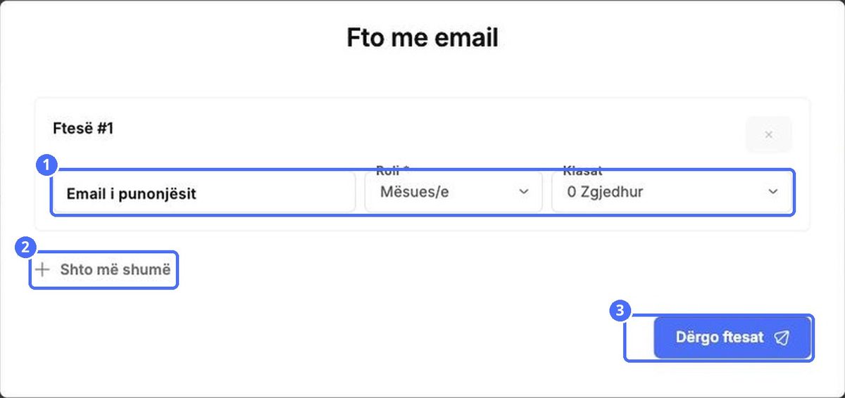(1) Emaili, roli dhe klasat, (2) Shto më shumë, (3) Dërgo ftesat