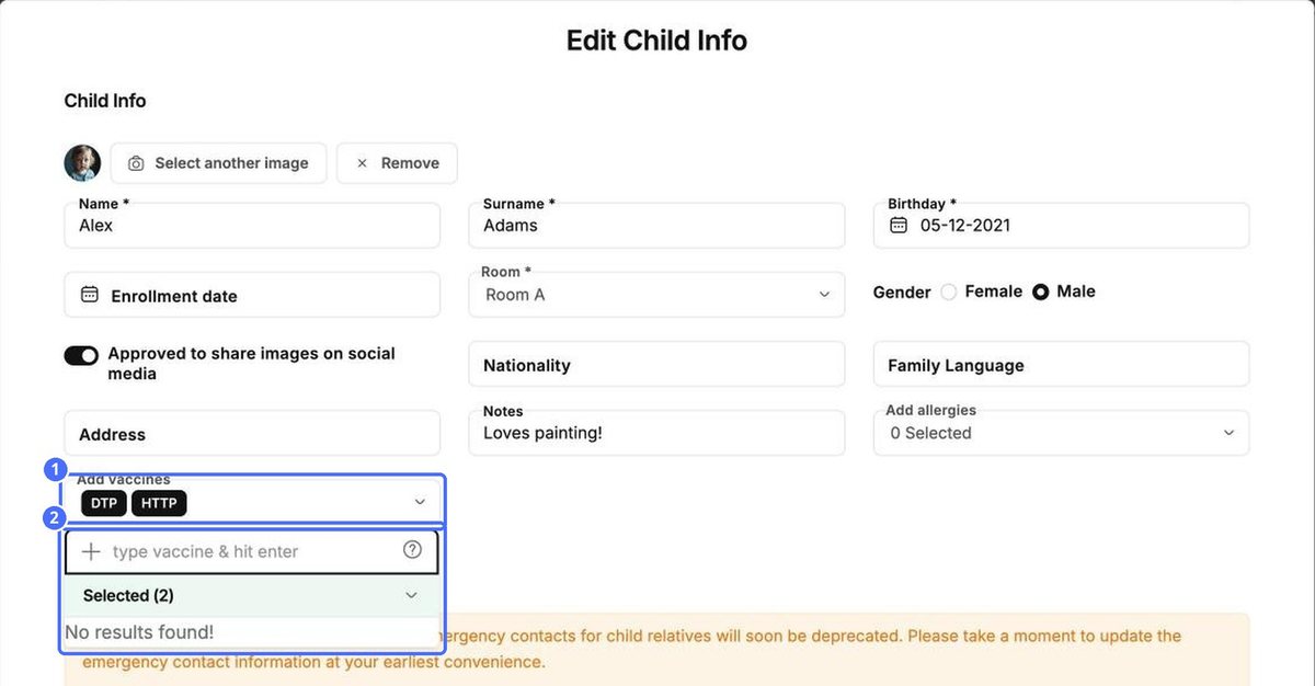 (1) Vaccines already added, (2) type a vaccine and press Enter
