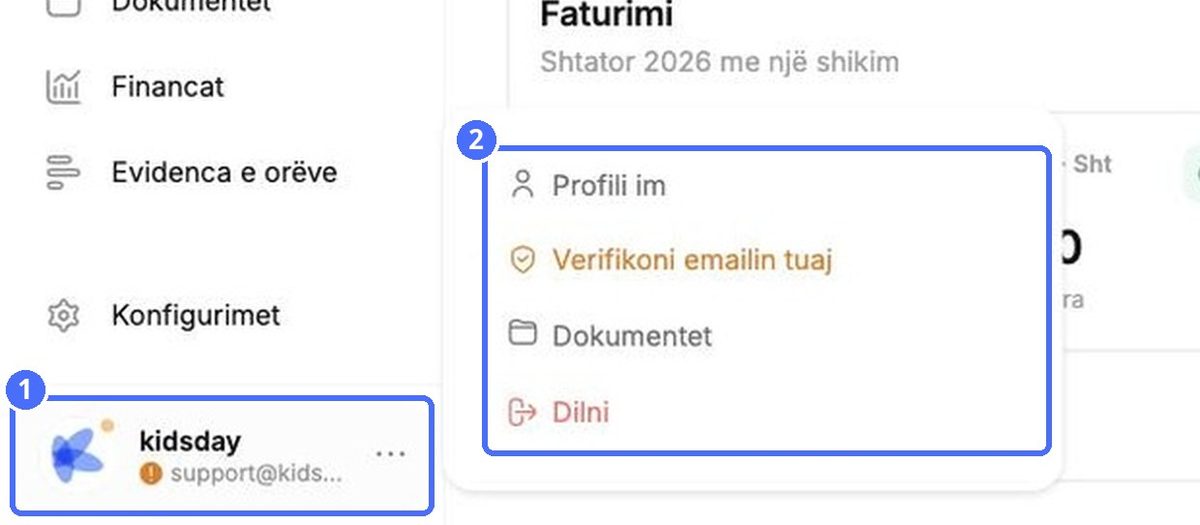 (1) Llogaria juaj, (2) menyja e llogarisë