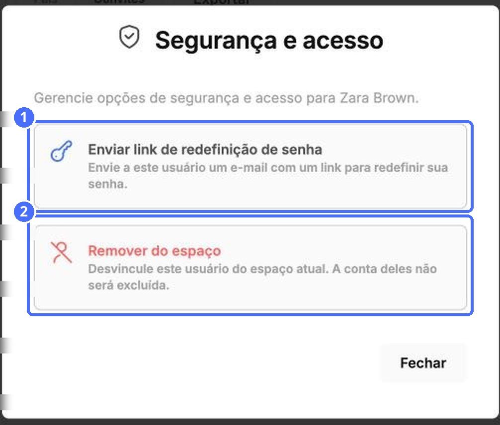 (1) Enviar link de redefinição de senha, (2) Remover do espaço