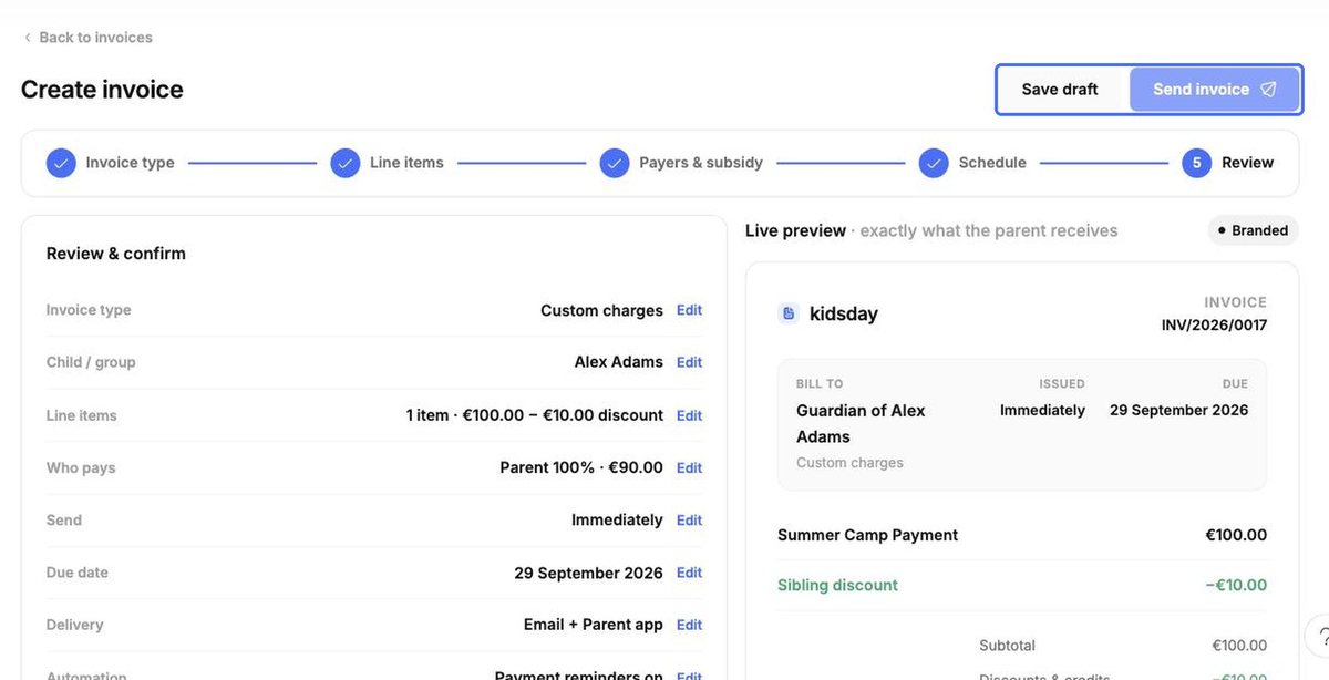 Save draft / Send invoice