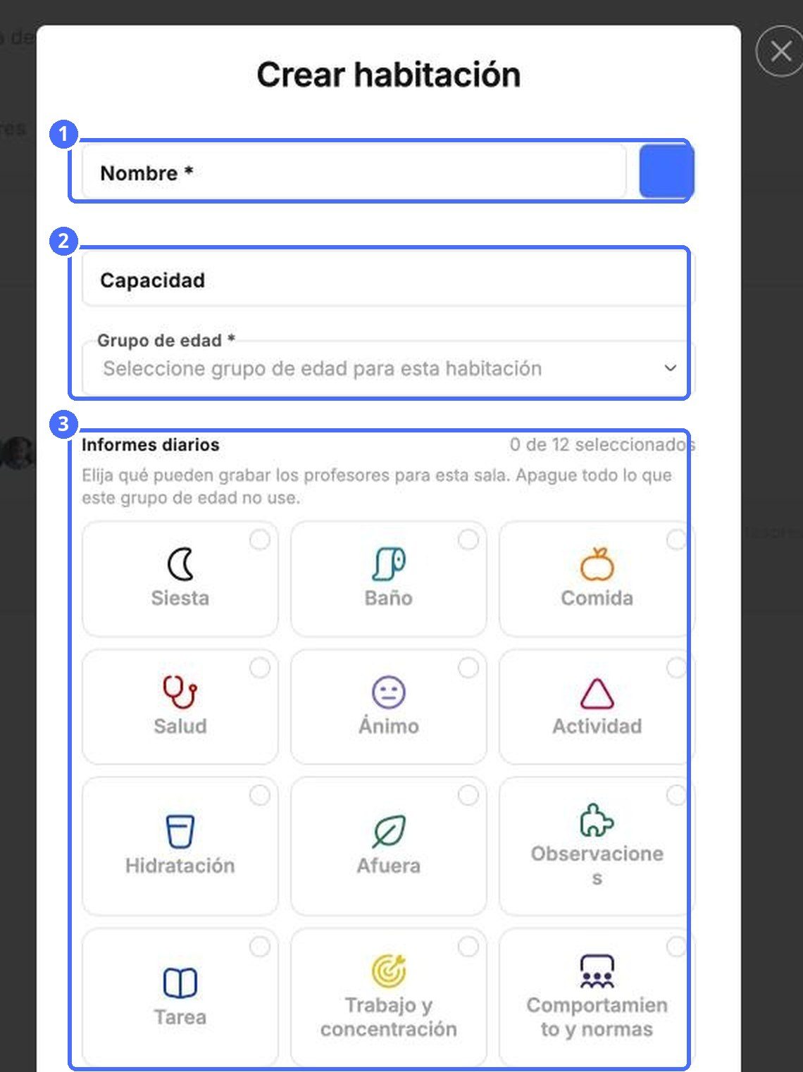 (1) Nombre de la sala, (2) capacidad y grupo de edad, (3) tipos de informe diario