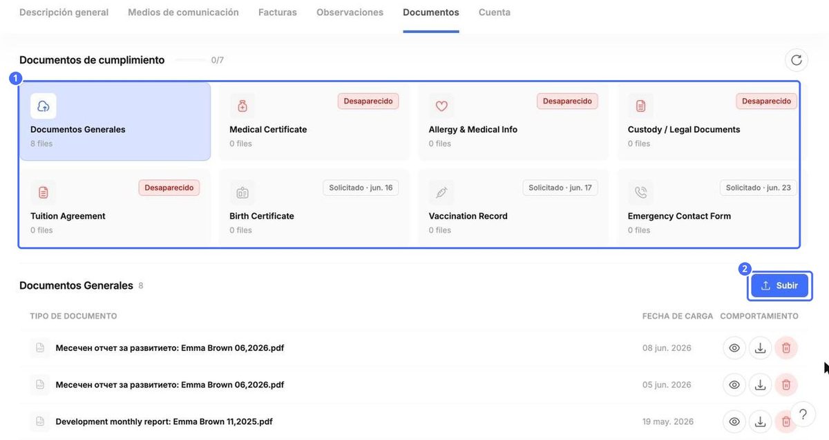 (1) Documentos de cumplimiento y su estado, (2) Subir