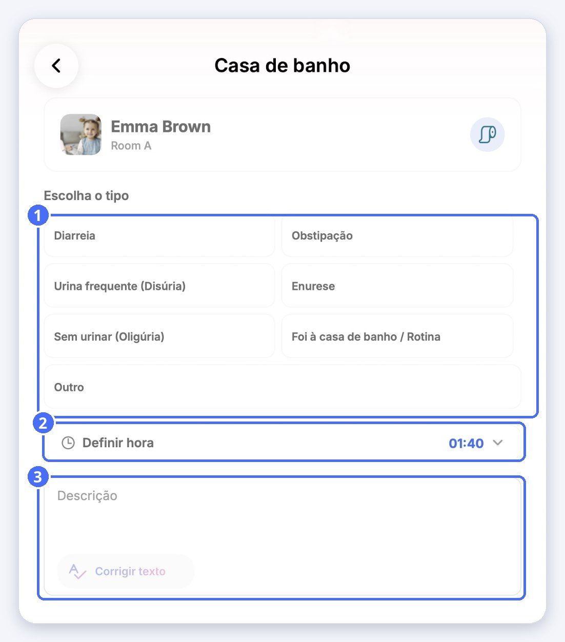 (1) O tipo, (2) o horário, (3) a descrição