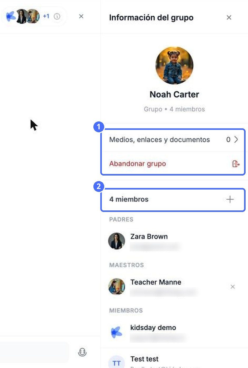 (1) Multimedia, enlaces y documentos y Salir del grupo, (2) los miembros y el botón +