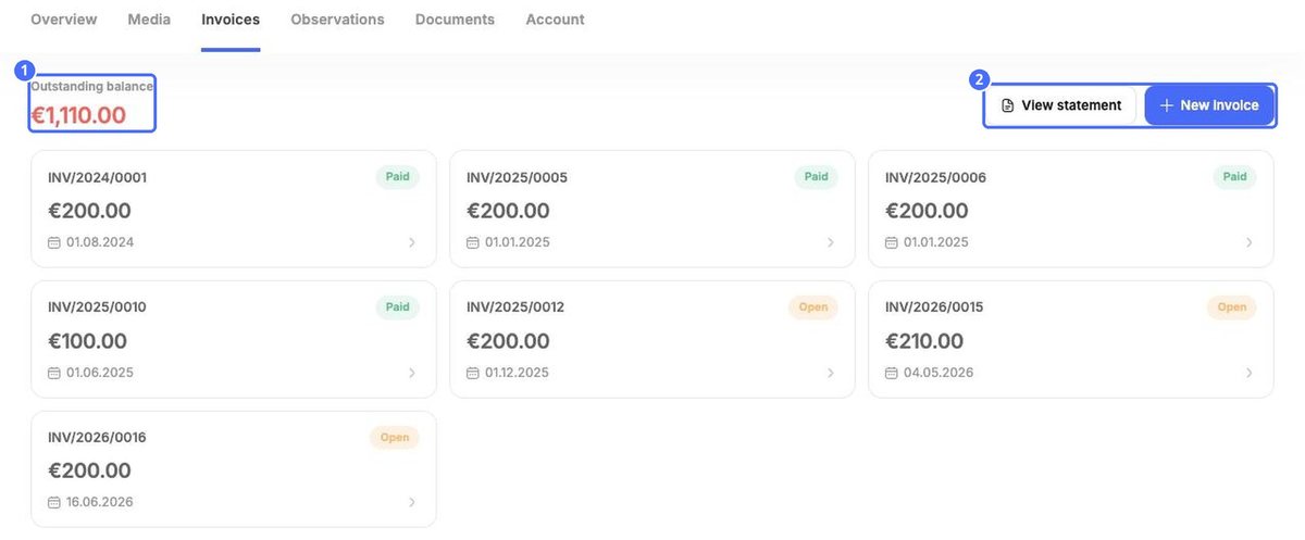 (1) Outstanding balance, (2) View statement and New invoice