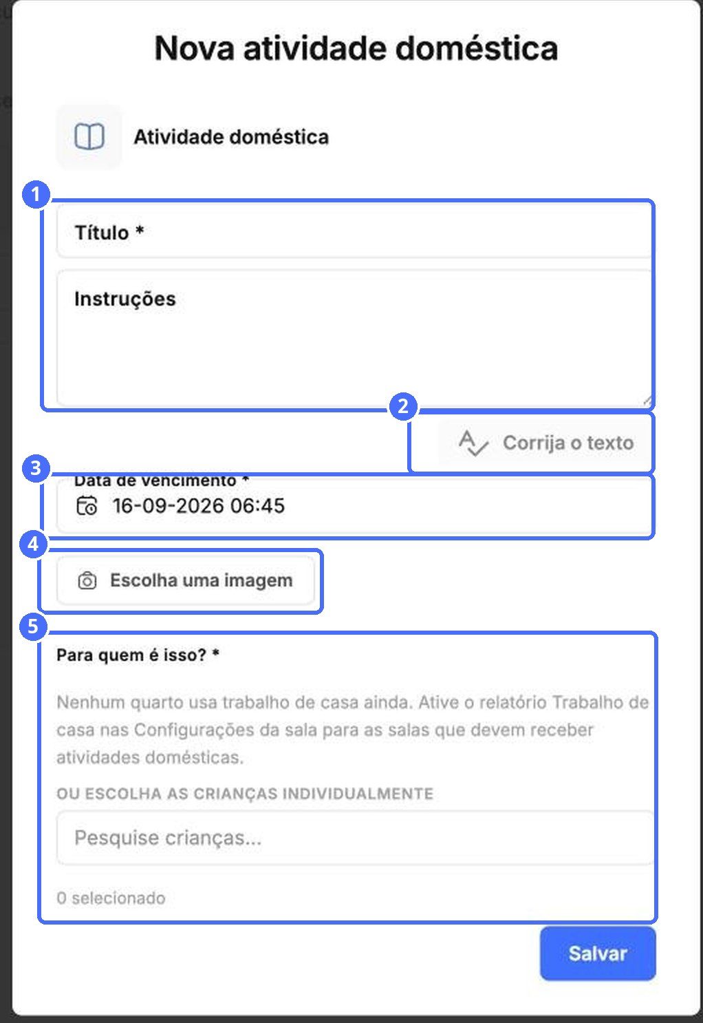 (1) Título e instruções, (2) Corrigir o texto, (3) data de entrega, (4) imagem, (5) para quem é