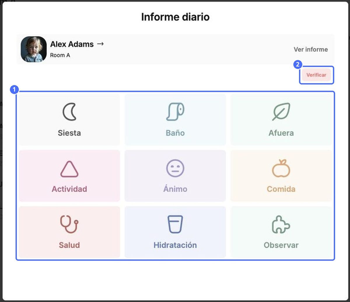 (1) Los tipos de informe habilitados para esta sala, (2) Registrar salida