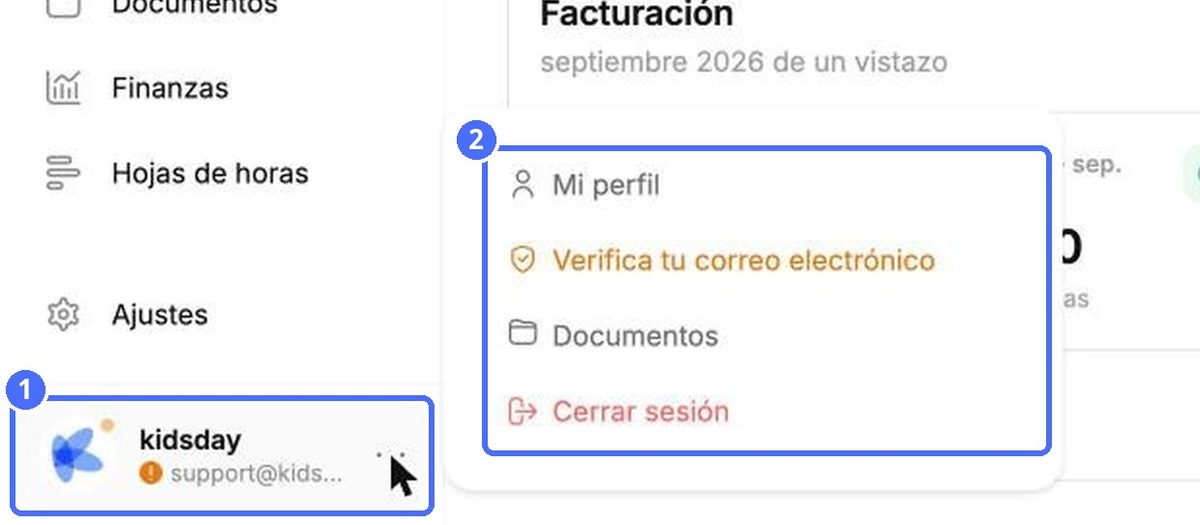(1) Su cuenta, (2) menú de la cuenta