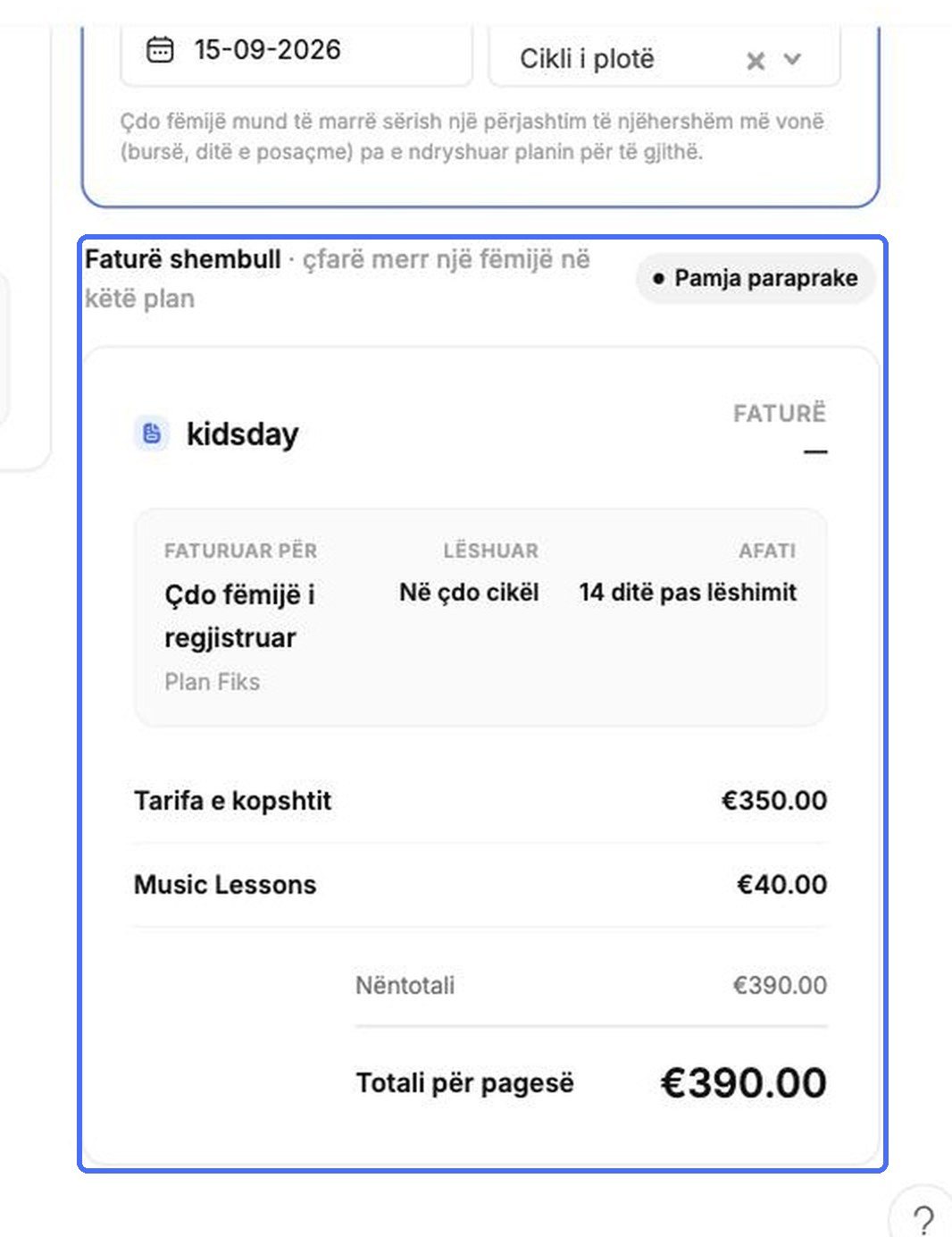 Pamja paraprake e faturës shembull