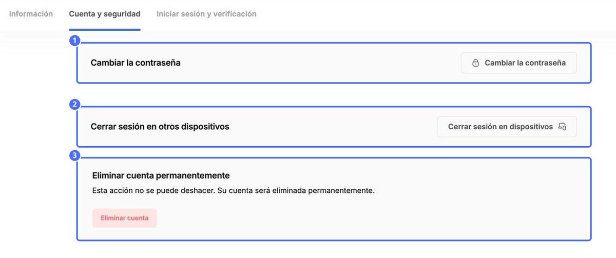 (1) Cambiar contraseña, (2) Cerrar sesión en otros dispositivos, (3) Eliminar cuenta permanentemente