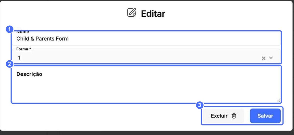 (1) Nome e formulário, (2) Descrição, (3) Excluir e Salvar
