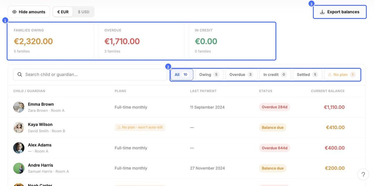 (1) Balance totals, (2) filters, (3) Export balances