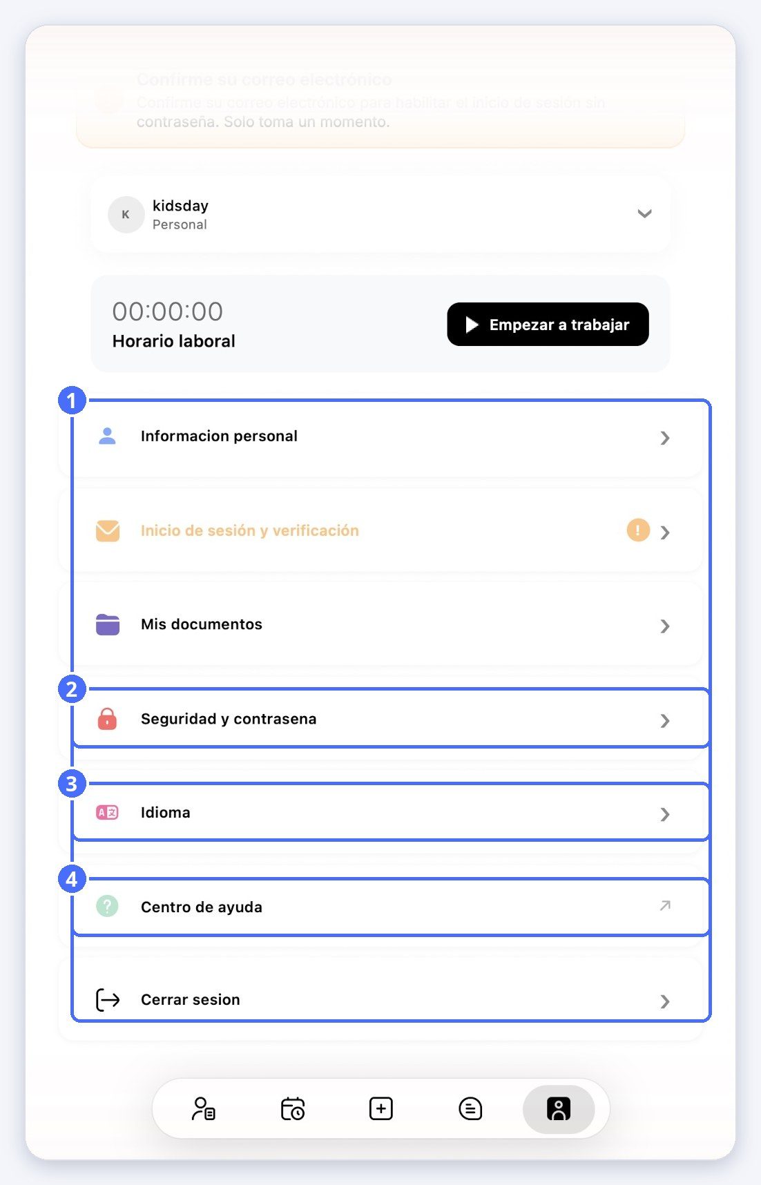 (1) La configuración de su cuenta, (2) Seguridad y contraseña, (3) Idioma, (4) Centro de ayuda