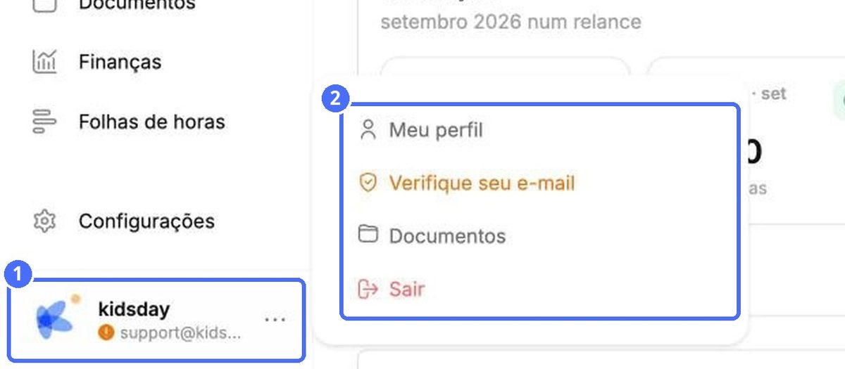 (1) Sua conta, (2) menu da conta