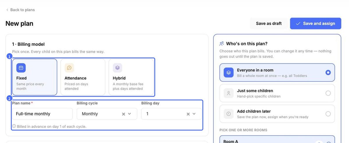 (1) Billing model, (2) name, cycle and billing day