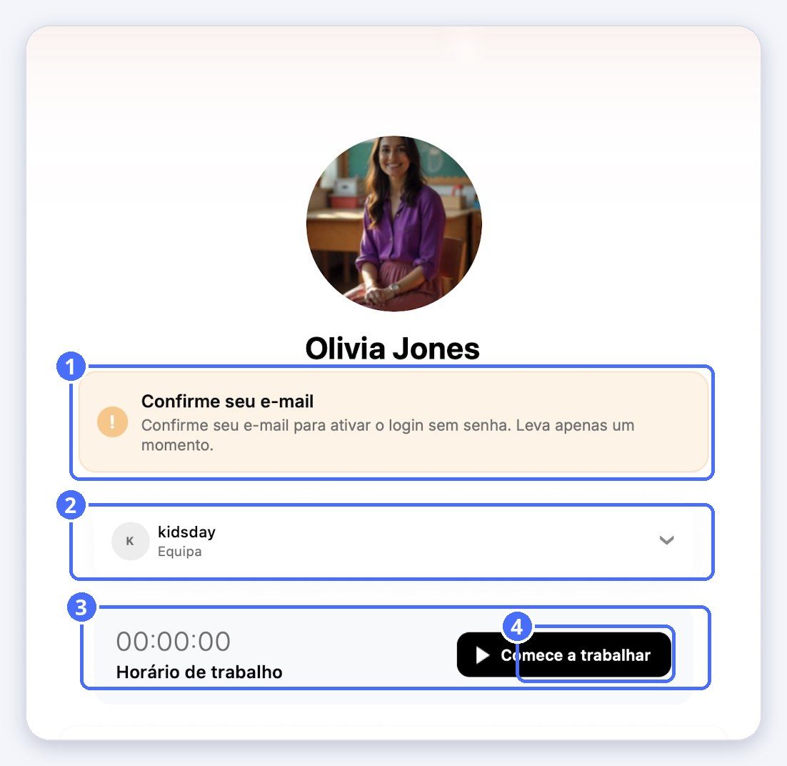 (1) Confirme seu e-mail, (2) trocar de centro, (3) horas de trabalho, (4) Iniciar trabalho