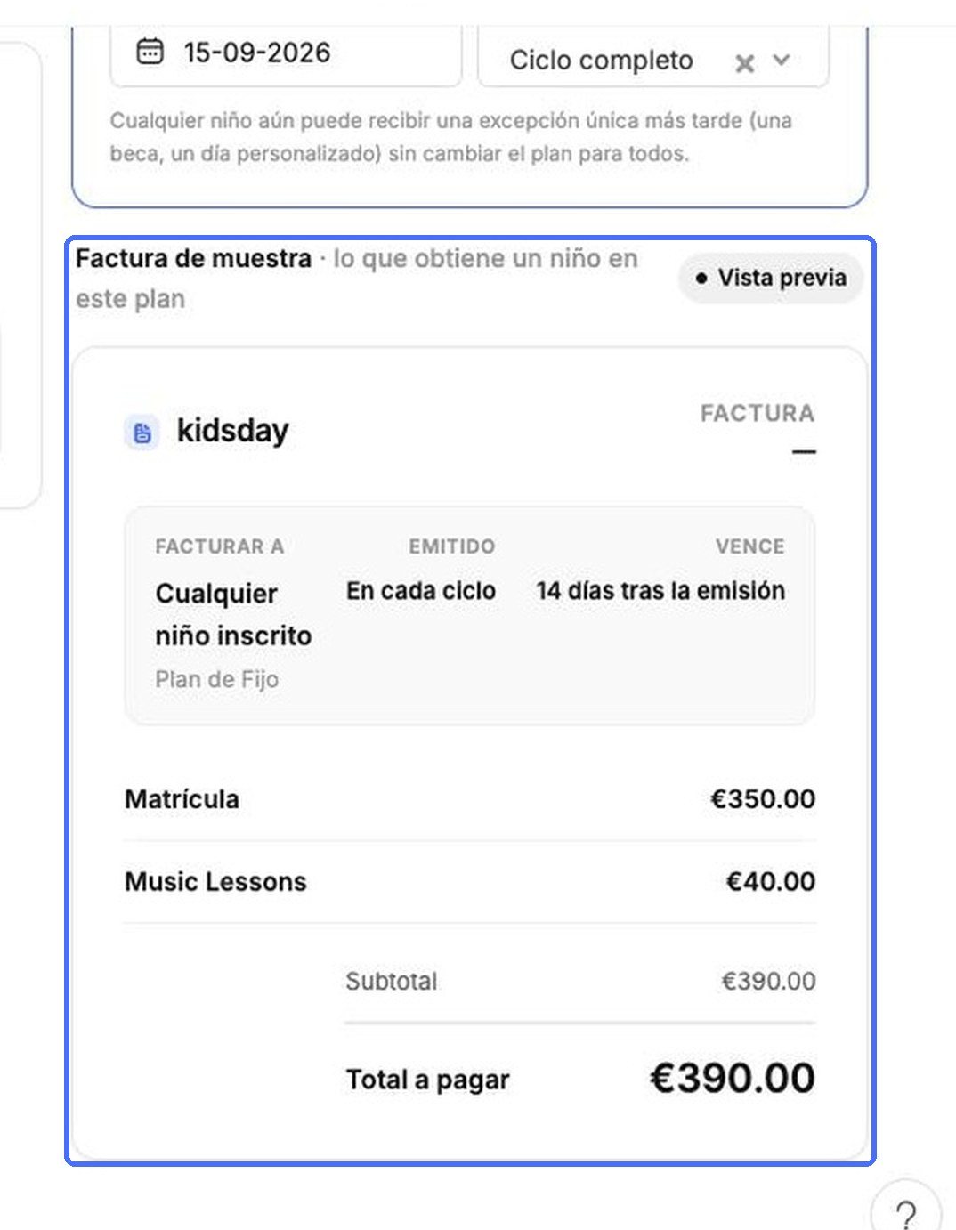 Vista previa de la factura de muestra