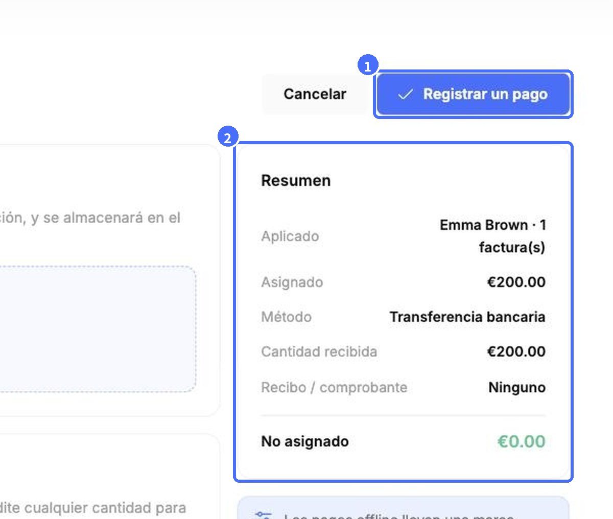 (1) Registrar un pago, (2) resumen