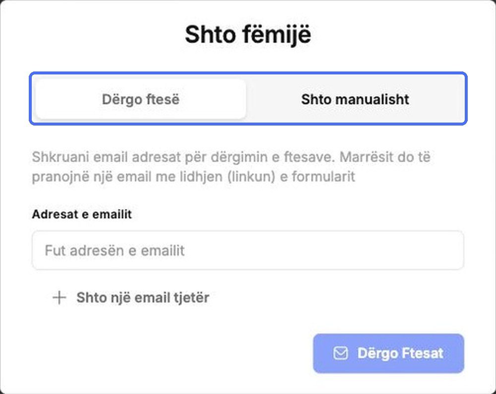Dërgo ftesë dhe Shto manualisht janë dy skedat e dritares Shto fëmijë
