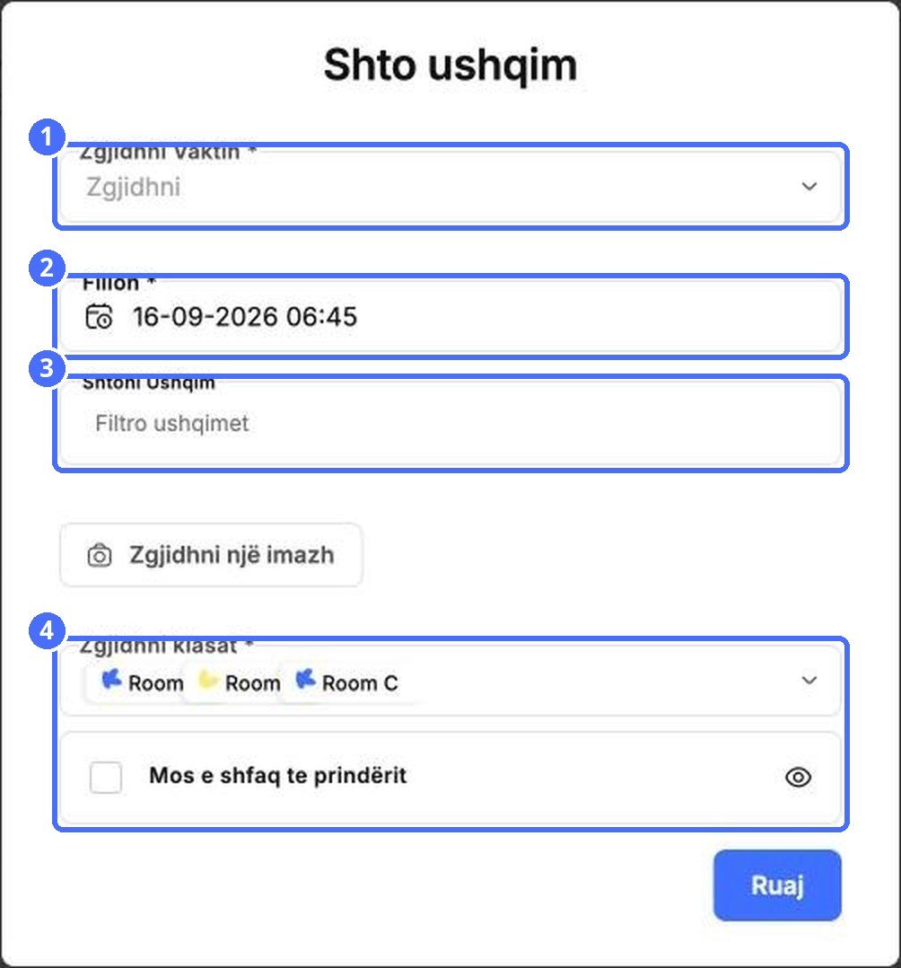 (1) Vakti, (2) data dhe ora, (3) ushqimet, (4) klasat dhe dukshmëria