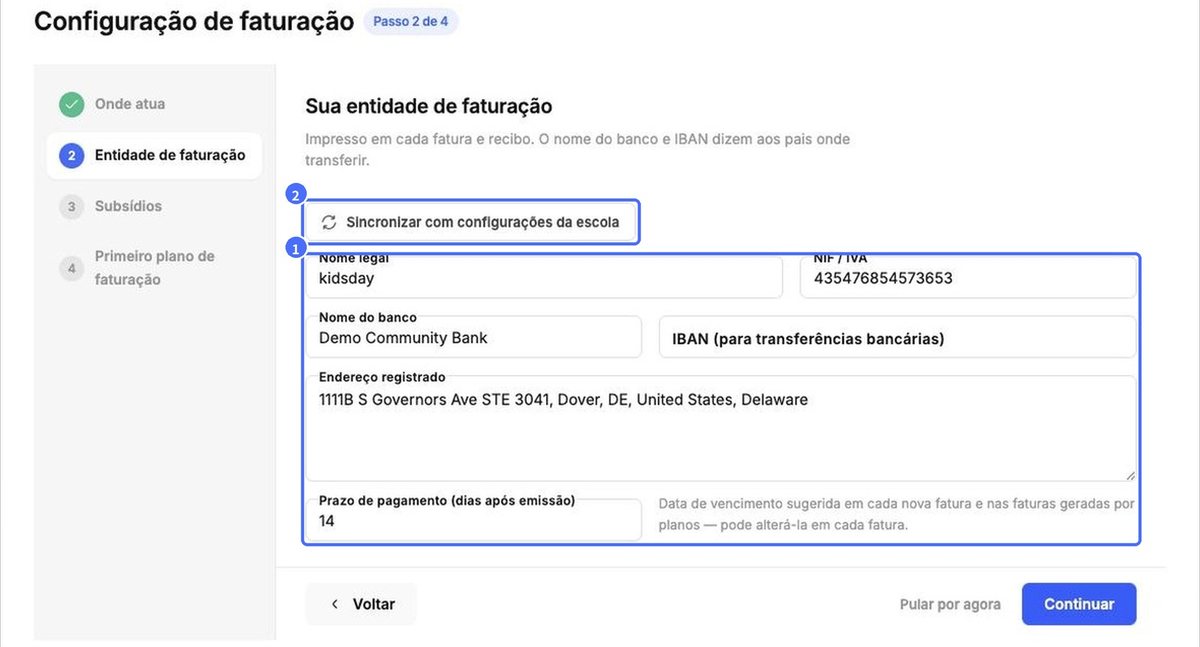(1) Dados da entidade de faturação, (2) Sincronizar com configurações da escola