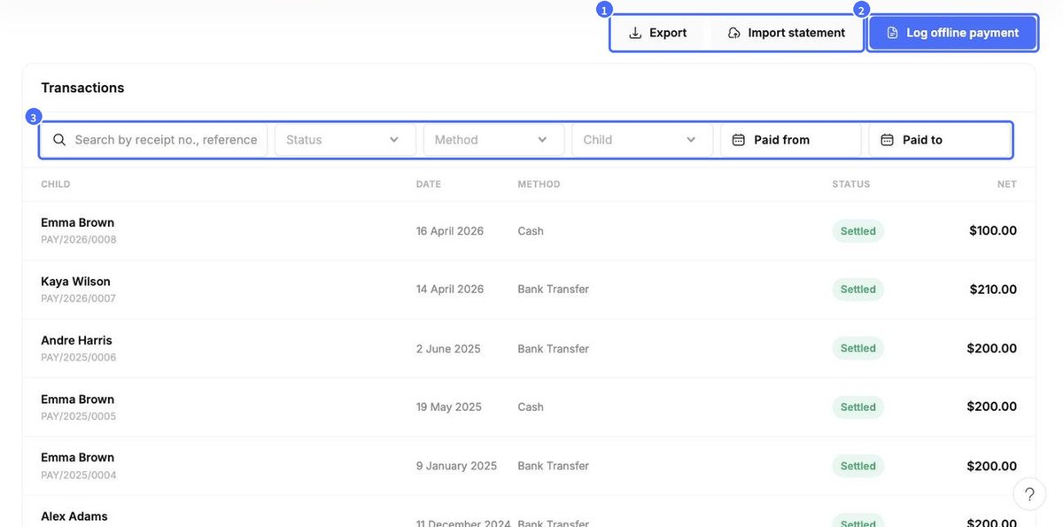 (1) Export and Import statement, (2) Log offline payment, (3) filters