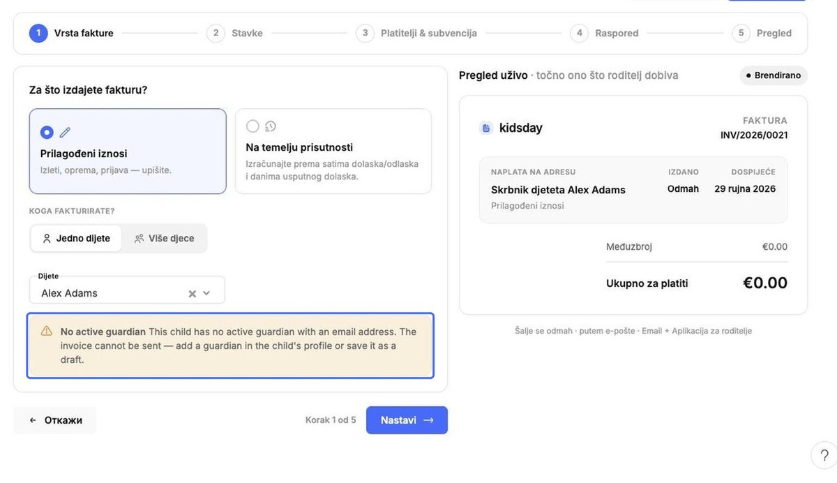 Upozorenje da nema aktivnog skrbnika