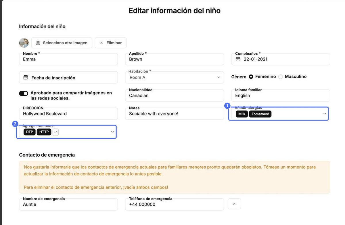 (1) Las alergias y (2) las vacunas se muestran como etiquetas