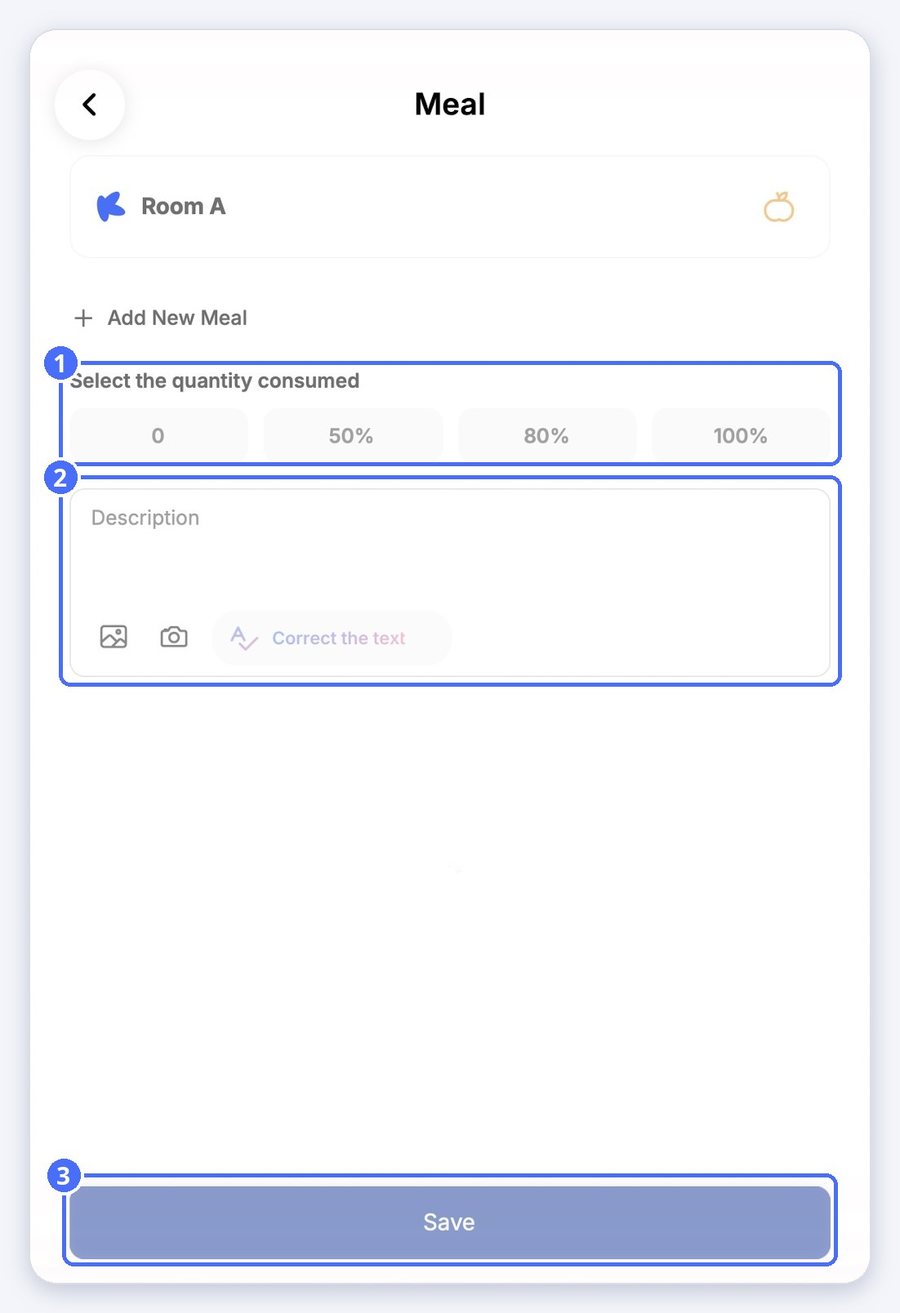 (1) Сколько съедено, (2) описание и фото, (3) «Сохранять»