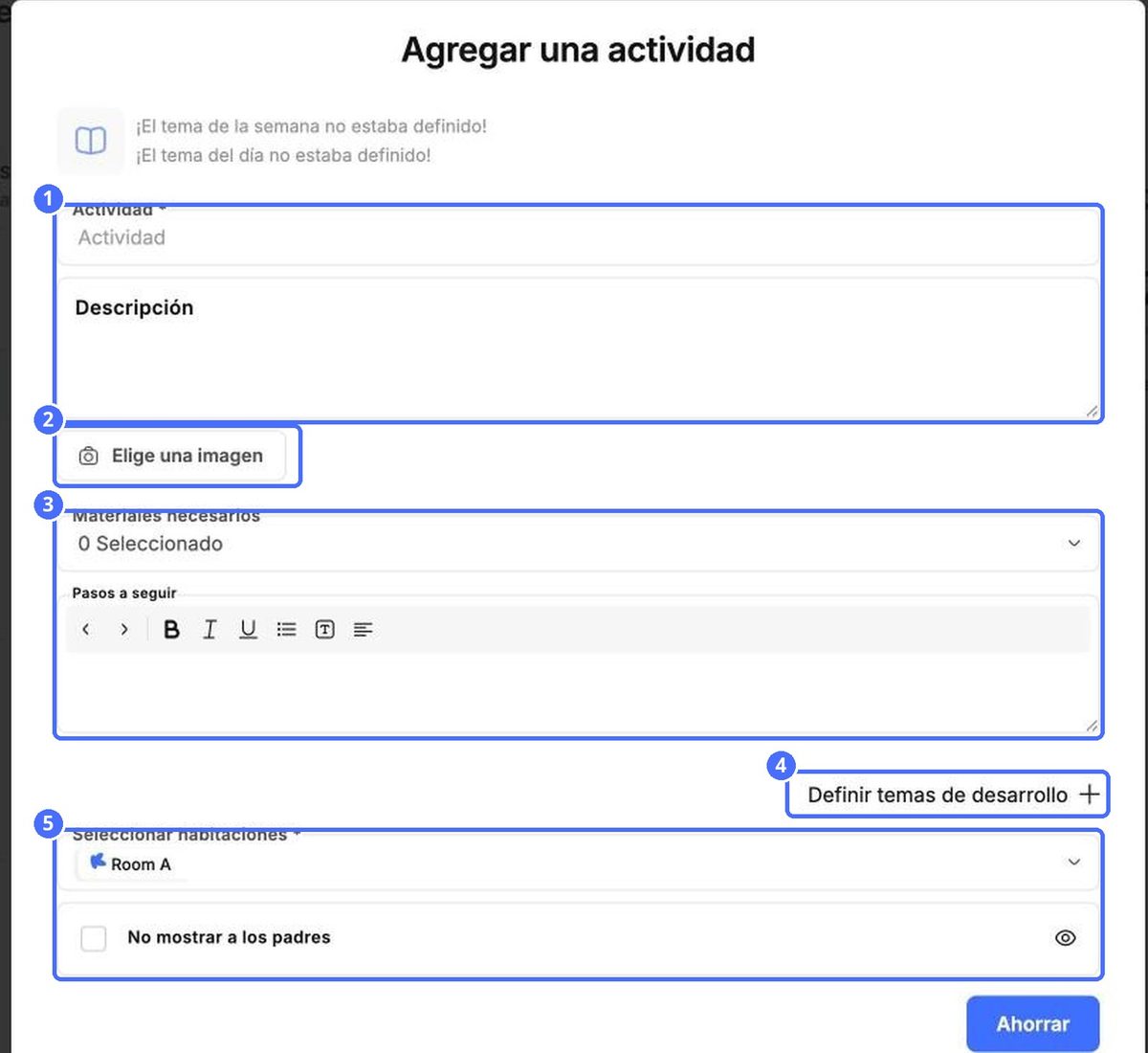 (1) Nombre y descripción, (2) imagen, (3) materiales y pasos, (4) temas de desarrollo, (5) salas y visibilidad