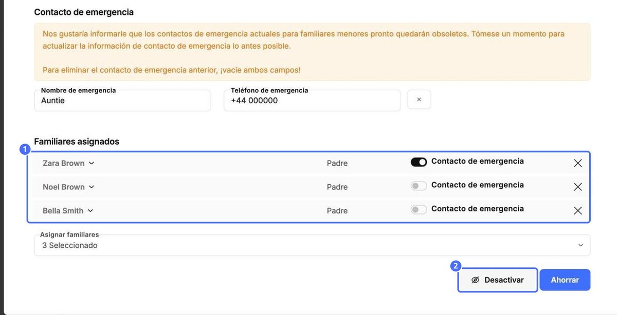 (1) Familiares asignados con el interruptor Contacto de emergencia, (2) Desactivar