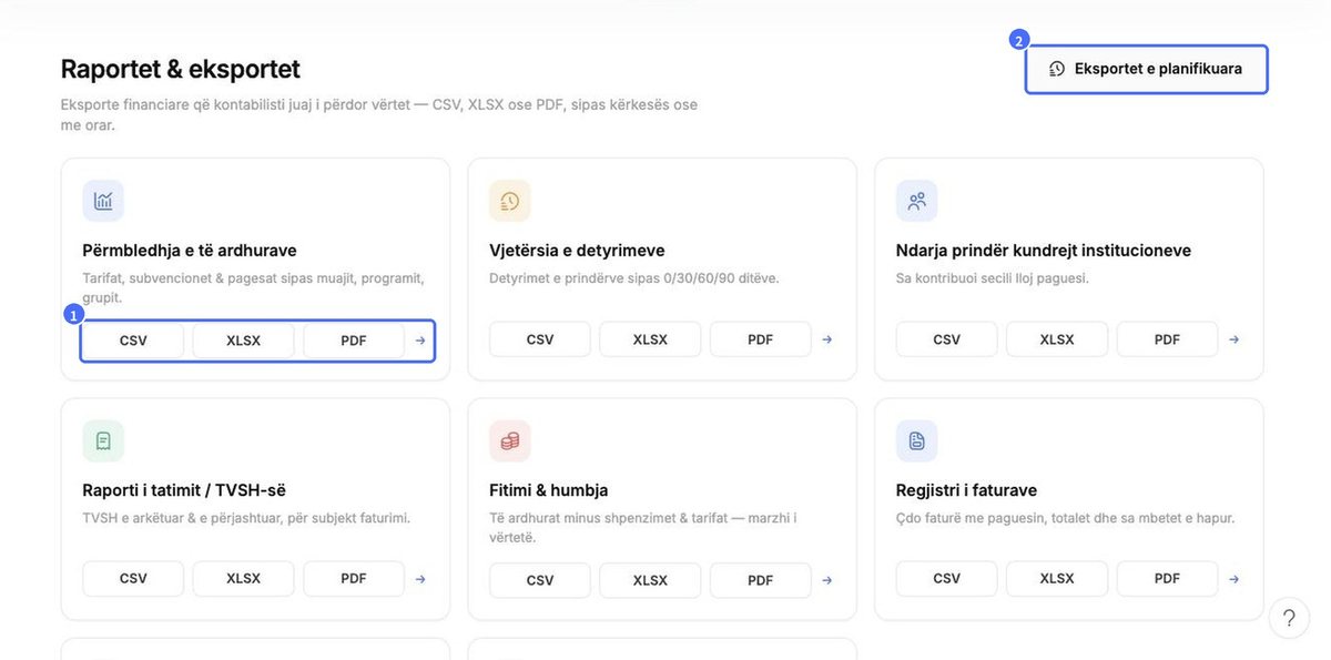 (1) Shkarkim si CSV, XLSX ose PDF, (2) Eksportet e planifikuara