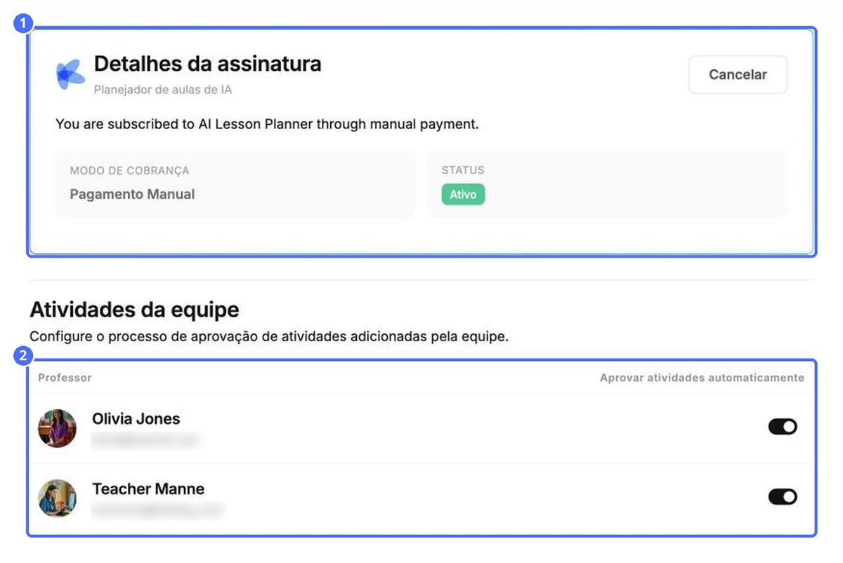 (1) A sua assinatura do Planejador de aulas com IA, (2) aprovação das atividades da equipe
