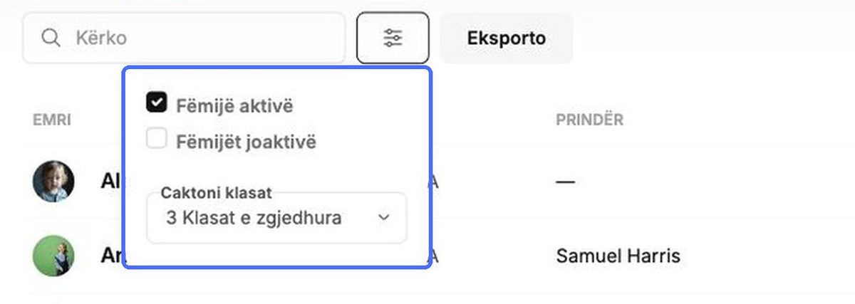 Filtroni sipas statusit dhe klasës