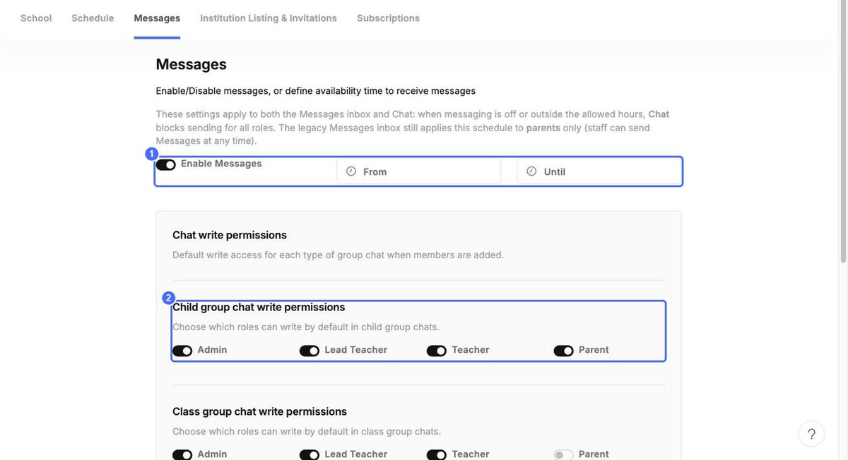 (1) Enable Messages and allowed hours, (2) write permissions for child group chats