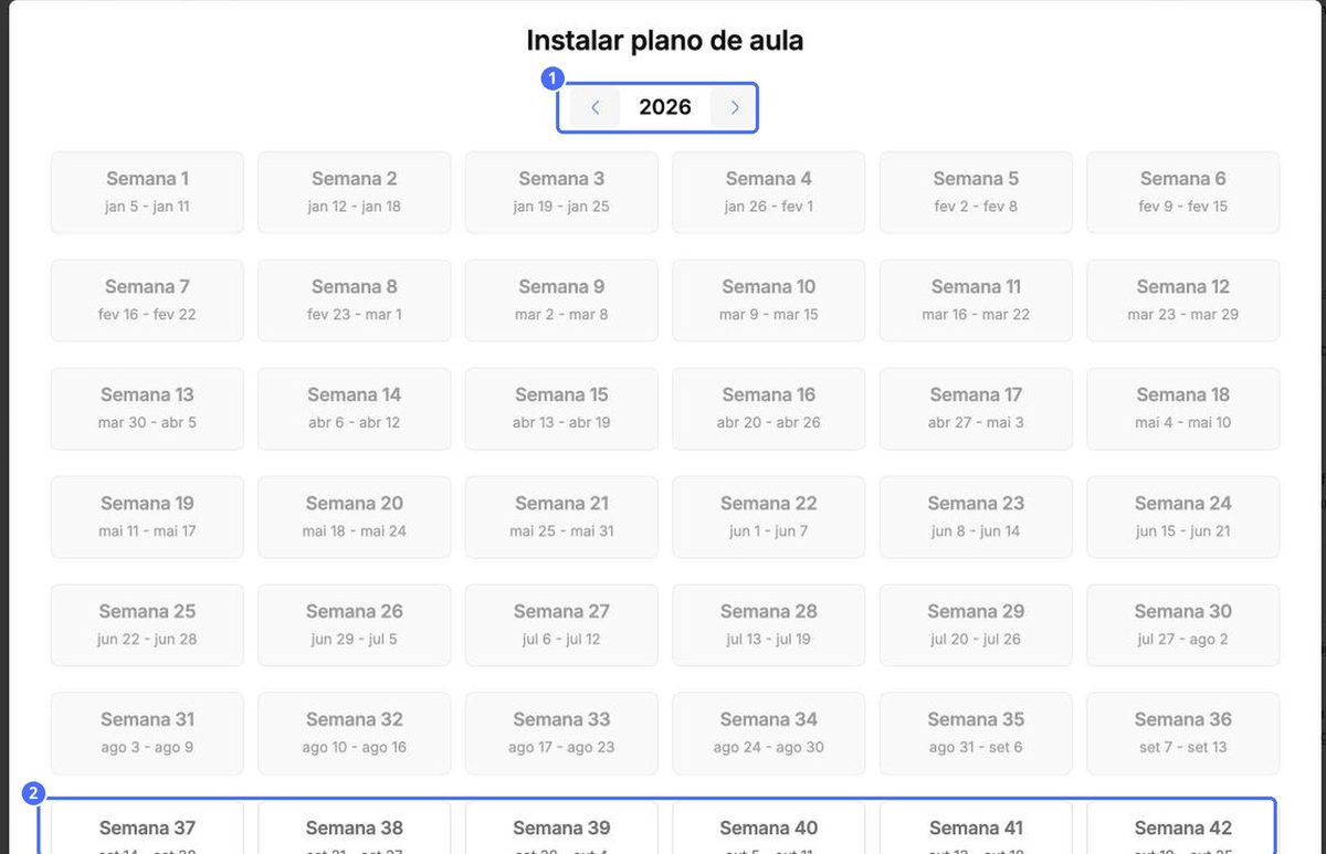 (1) Escolha do ano, (2) escolha de uma semana futura
