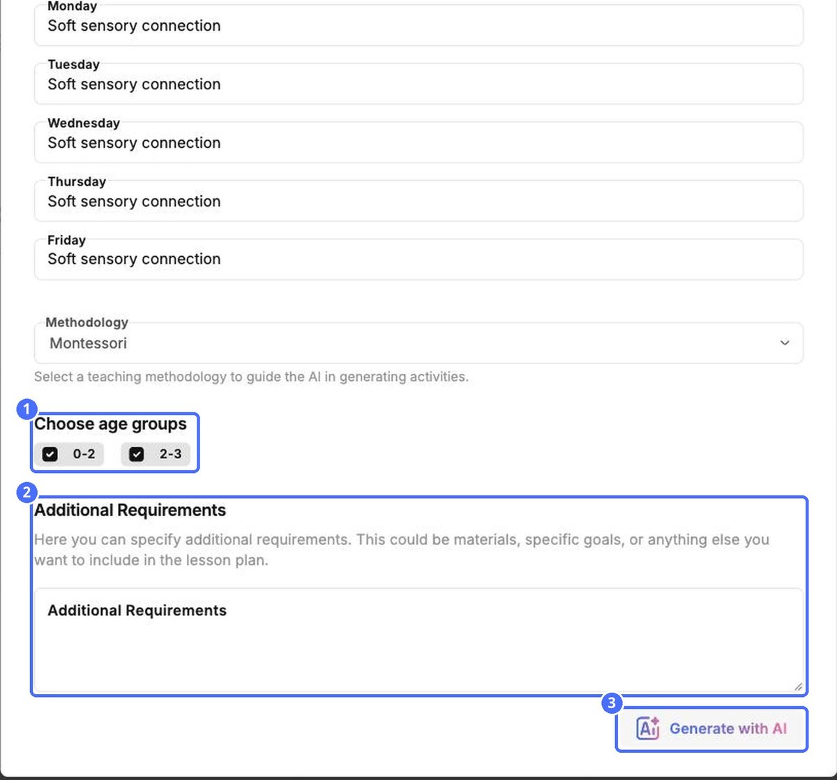 (1) Age groups, (2) additional requirements, (3) Generate with AI