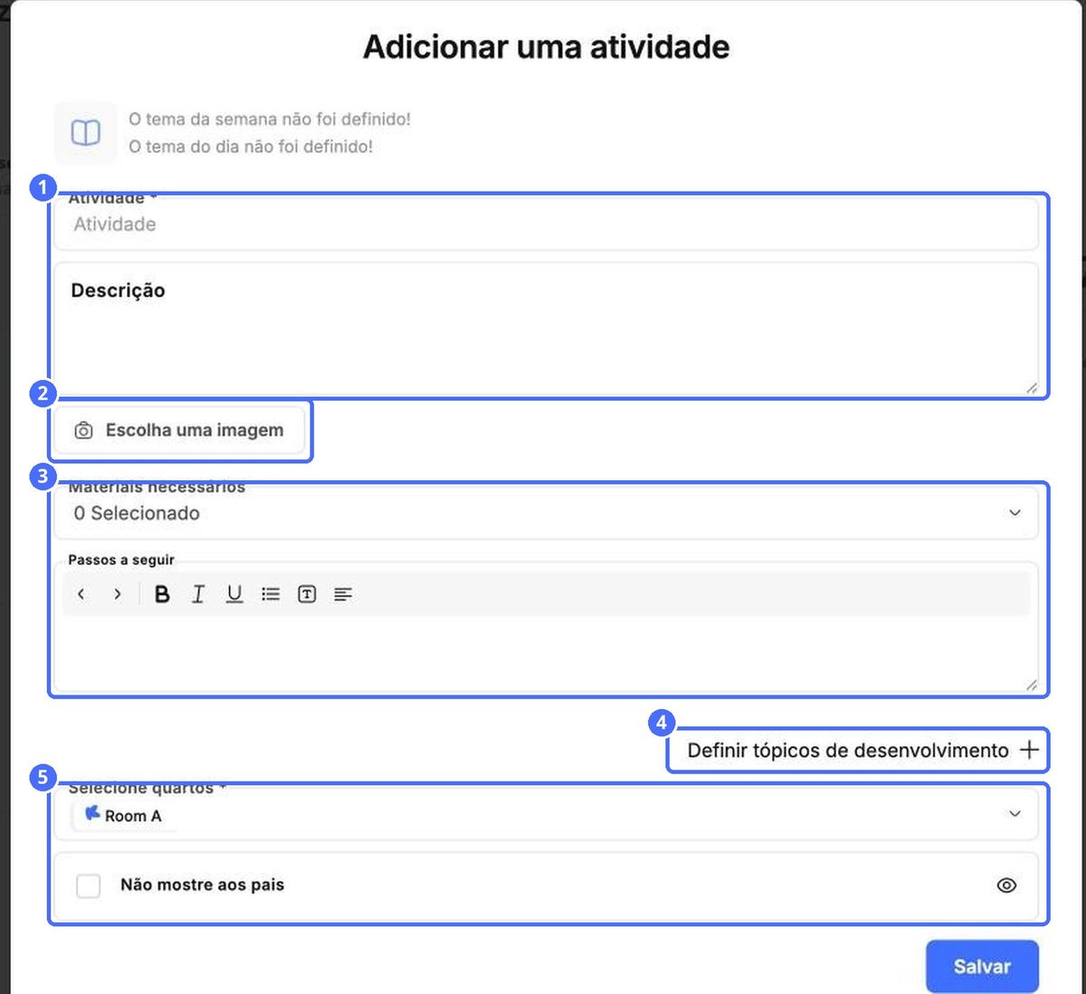 (1) Nome e descrição, (2) imagem, (3) materiais e passos, (4) tópicos de desenvolvimento, (5) salas e visibilidade
