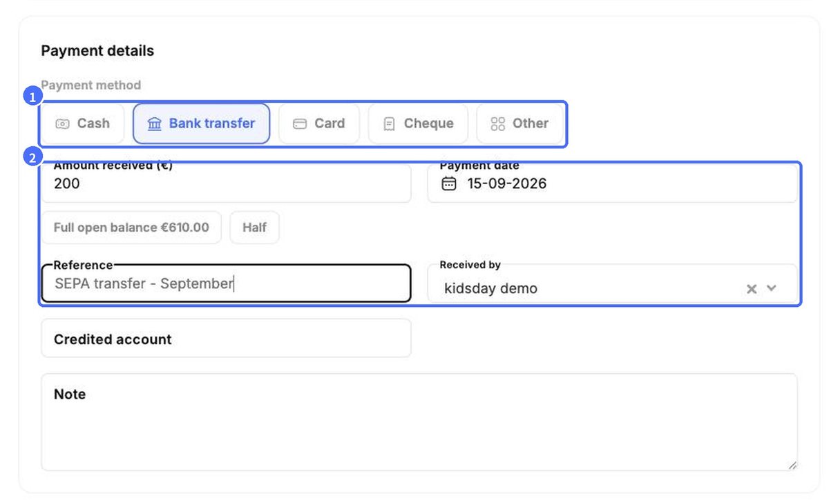 (1) Payment method, (2) amount, date and reference