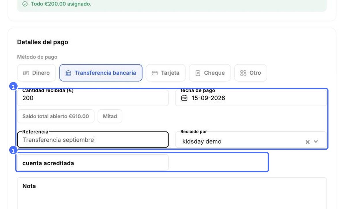 (1) Método de pago, (2) importe, fecha y referencia