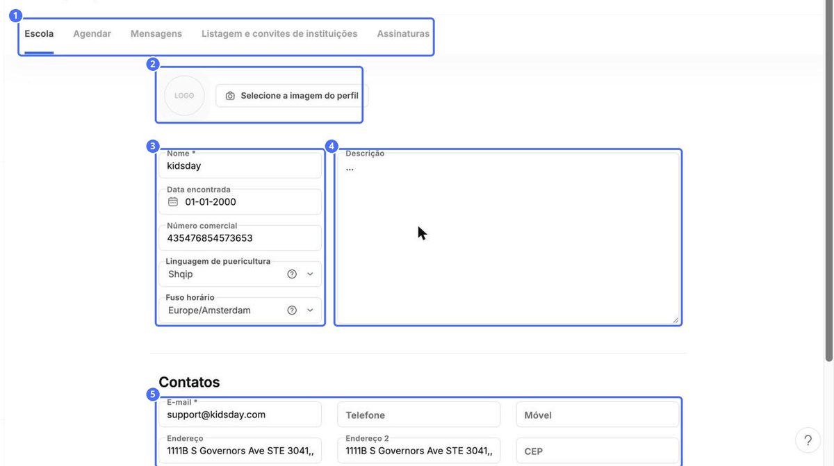 (1) As abas de configurações, (2) logotipo, (3) dados do centro, (4) descrição, (5) dados de contato