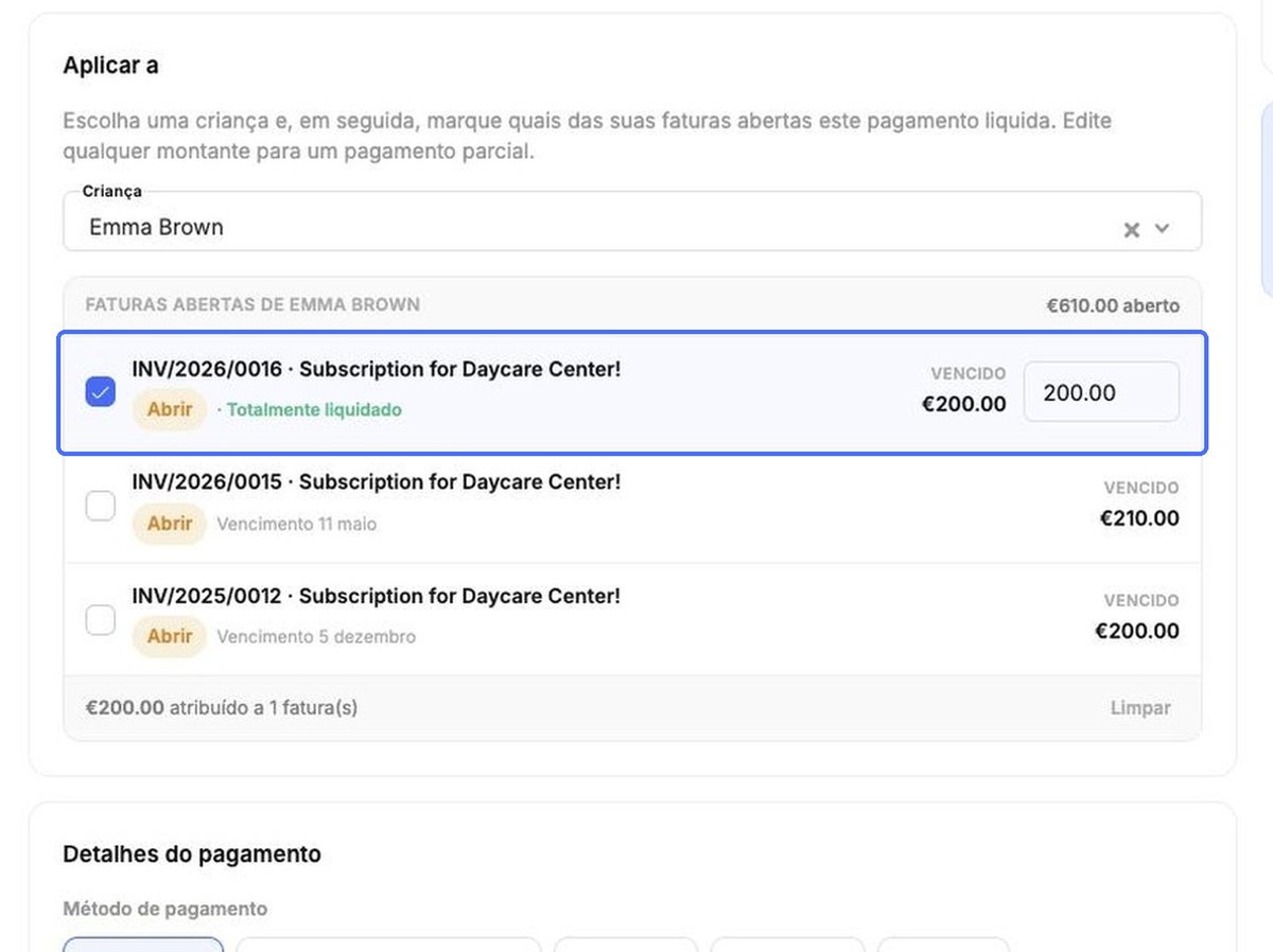 Aplicação do pagamento a uma fatura em aberto