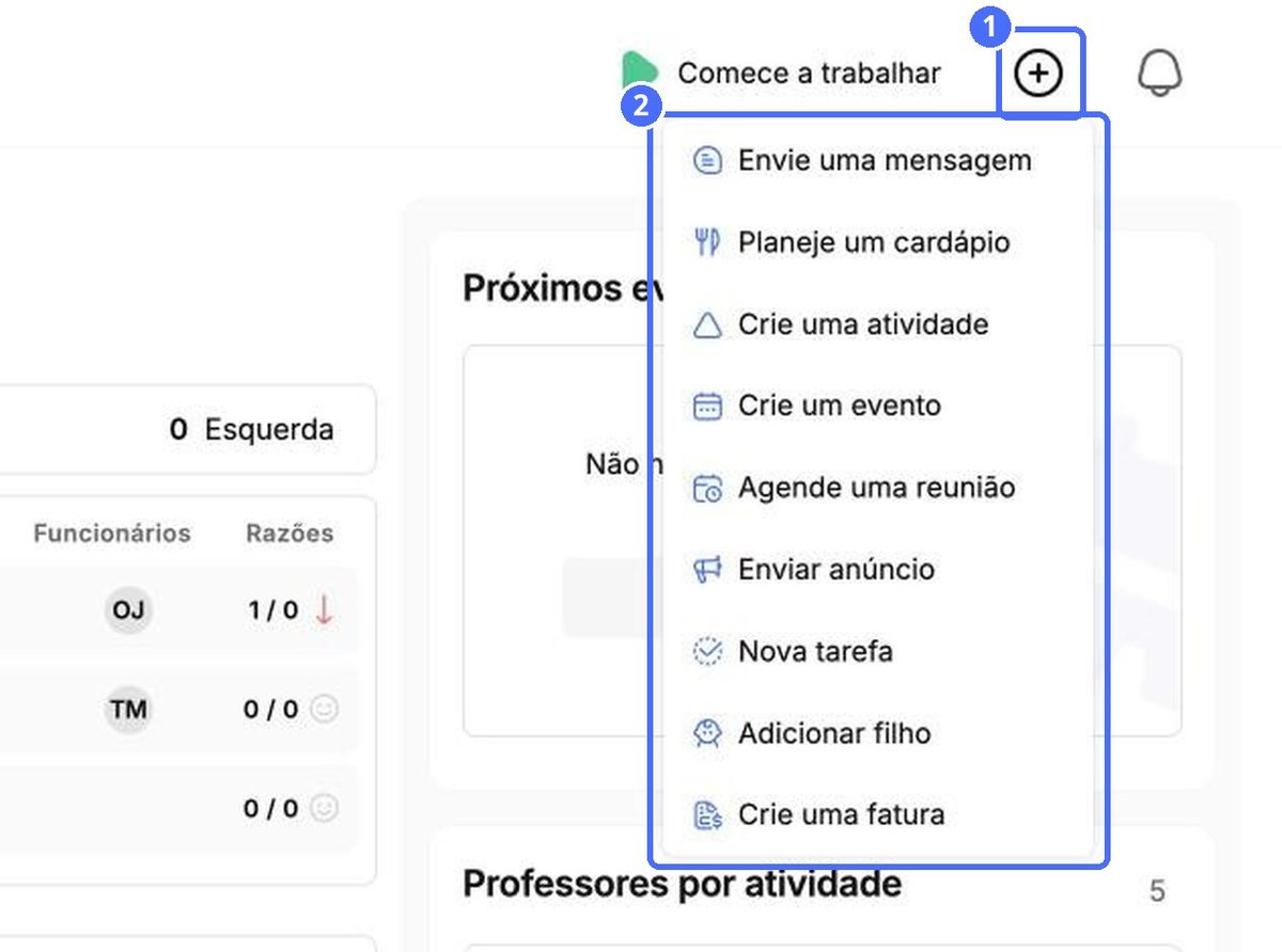 (1) O botão +, (2) ações rápidas