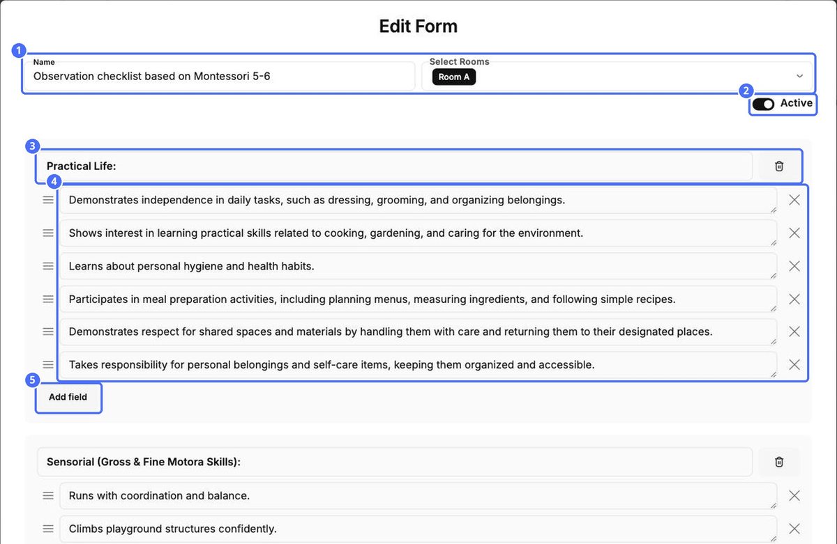 (1) Name and rooms, (2) Active, (3) a group heading, (4) its skills, (5) Add field