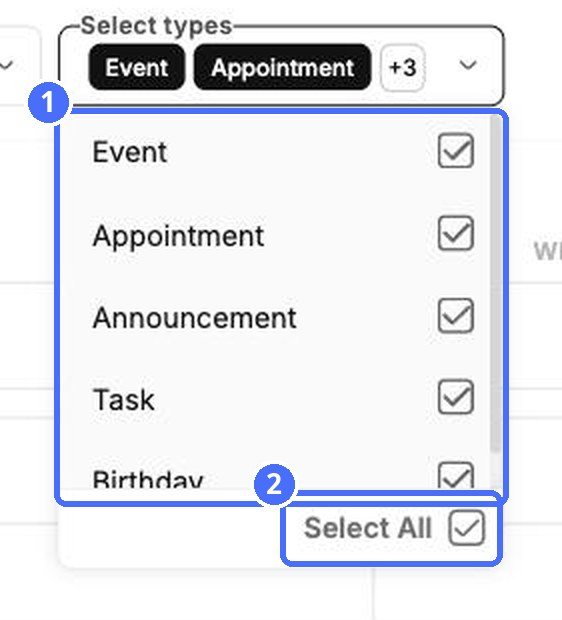 (1) The item types, (2) Select All