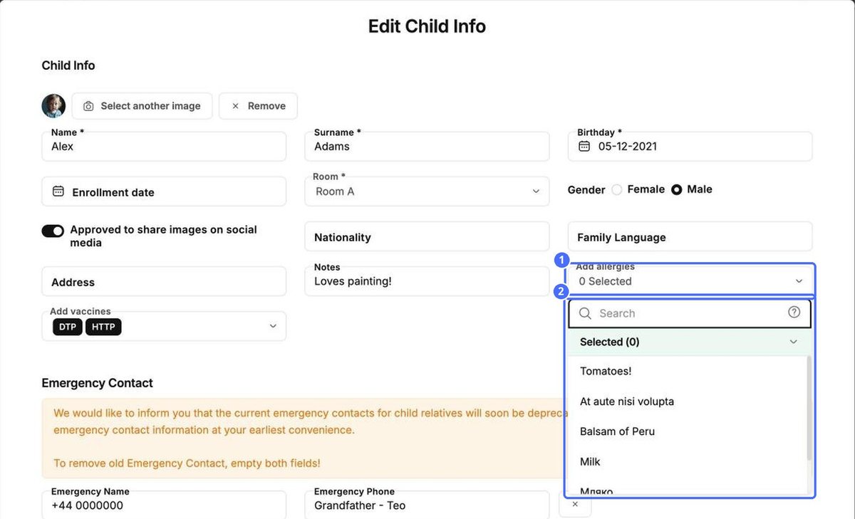(1) Add allergies, (2) search and pick from the list